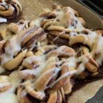 Iced, pleated cinnamon buns at Eighty-Six'd cafe and coffee shop in Ironbridge, Shropshire