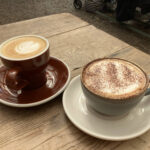 Flat white and cappuccino at the White Post Cafe in Wellington, Somerset